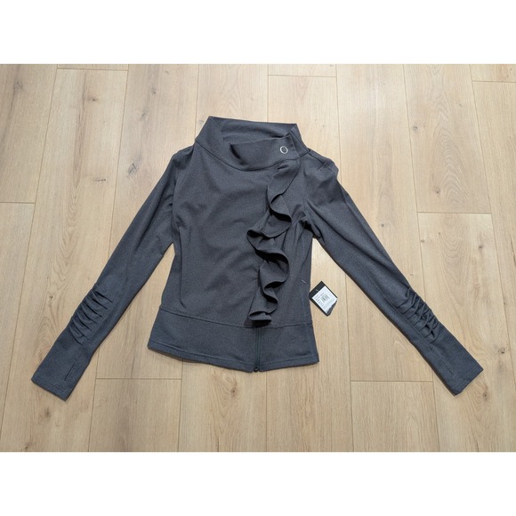Karma Tops - KARMA San Suu Ruffle Small Zip Jacket Dark Gray Workout SWEATSHIRT NEW NWT
